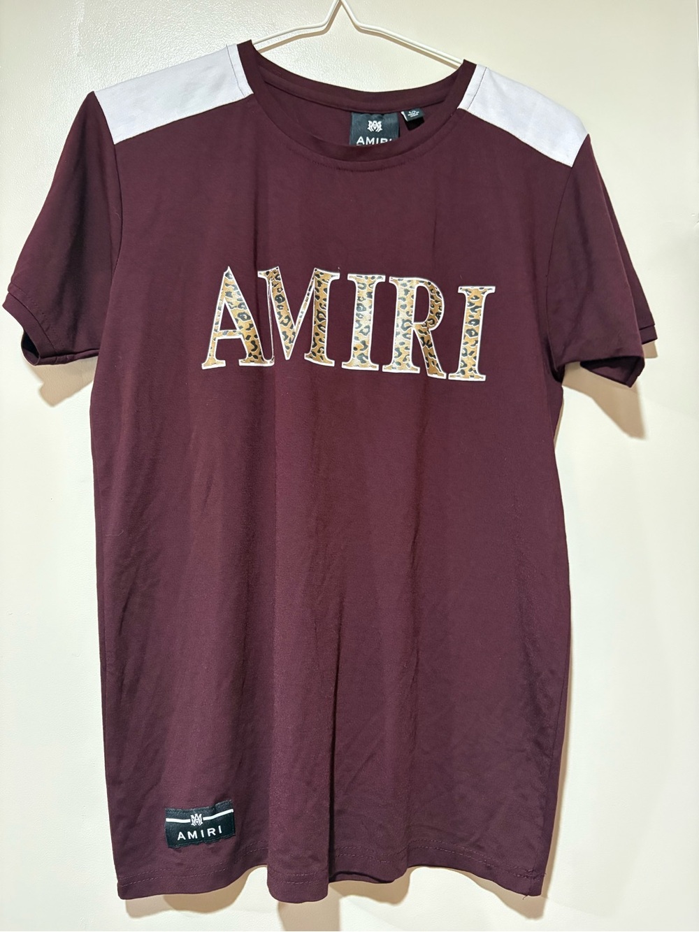 AMIRI Maroon Short Sleeve Logo Tee with White Shoulder Panels